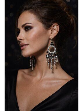 VTG Designer Lulu Frost Rhinestone Earrings Black Clear Chandelier Y2K Statement